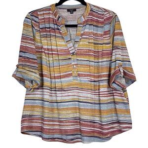 Cocomo Woman Tunic Top Size 3X Striped Pintuck Roll Tab Elbow Sleeves Stretch